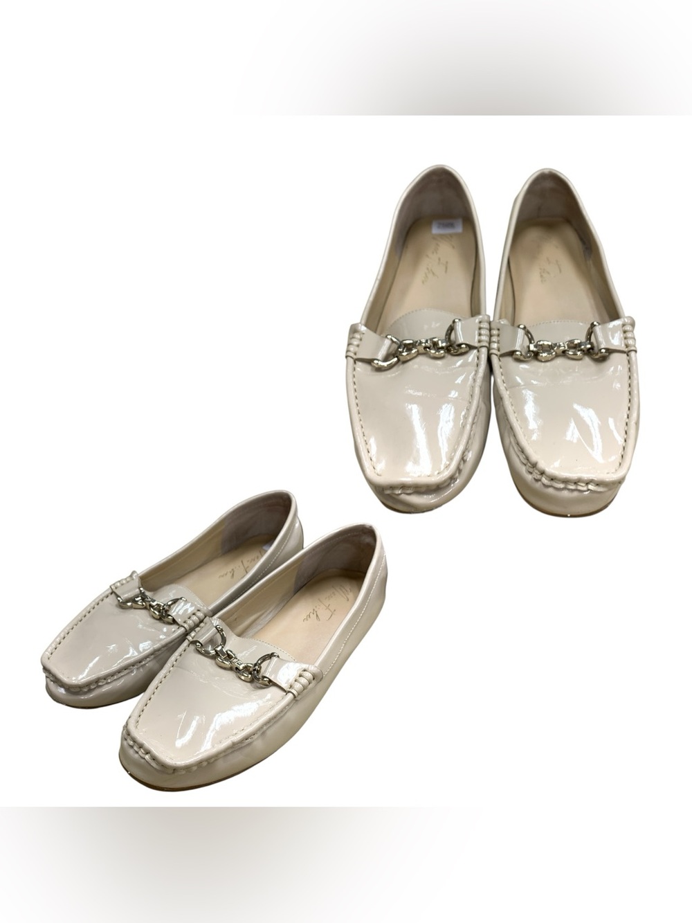 Marc Fisher Cream Patent Loafers with Chain Trim S8.5